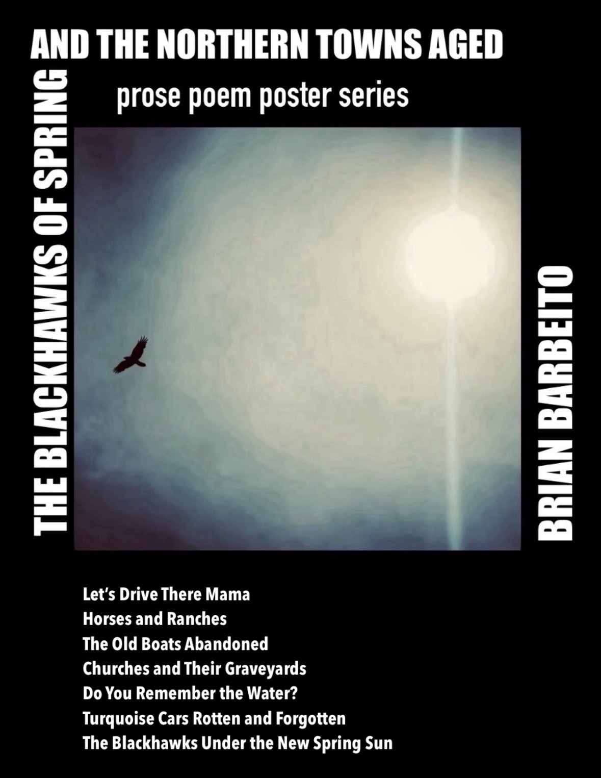 Poster for the prose poem series, a hawk gliding beneath a bright sun