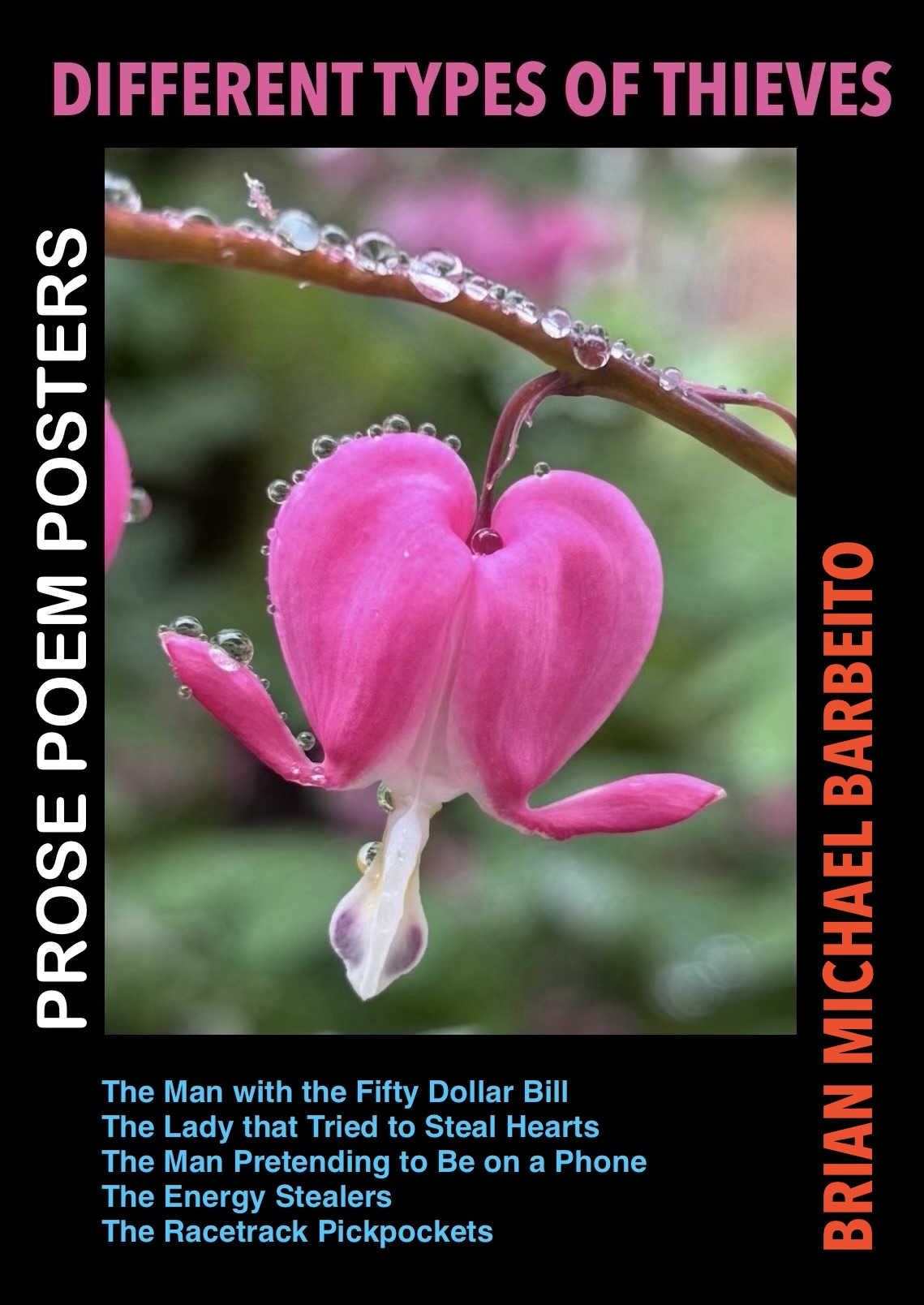 Cover poster for the prose poem series, a pink bleeding heart flower