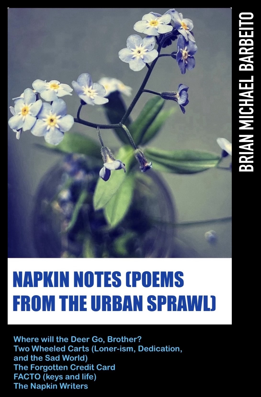 Cover poster showing forget-me-nots in a small glass