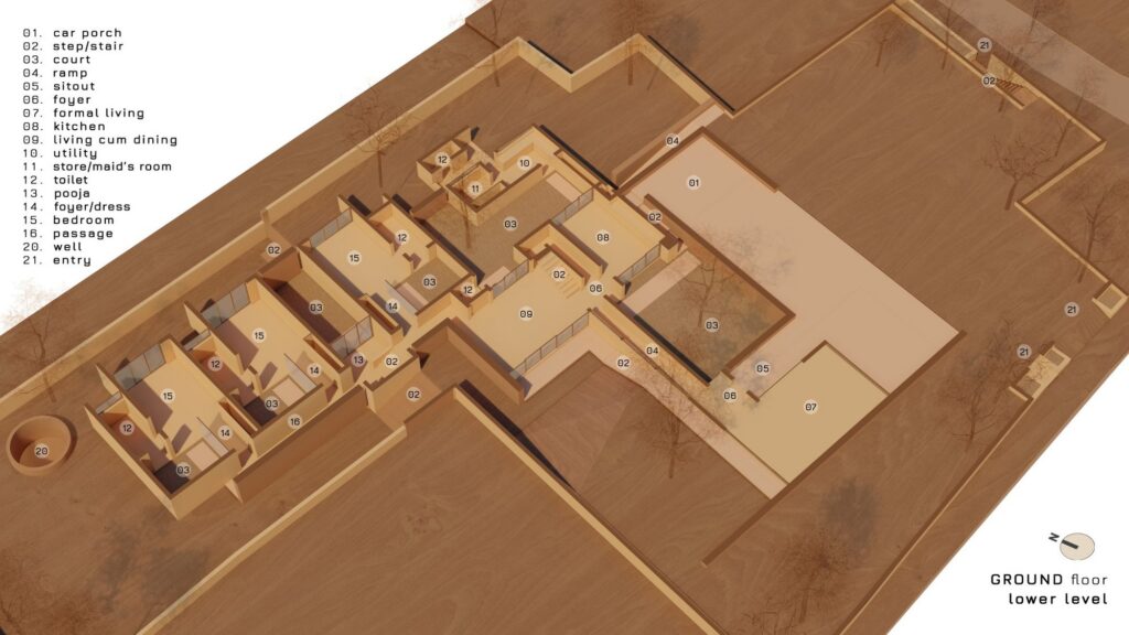 3D view of the ground floor (lower level). Image: LIJO.RENY.architects